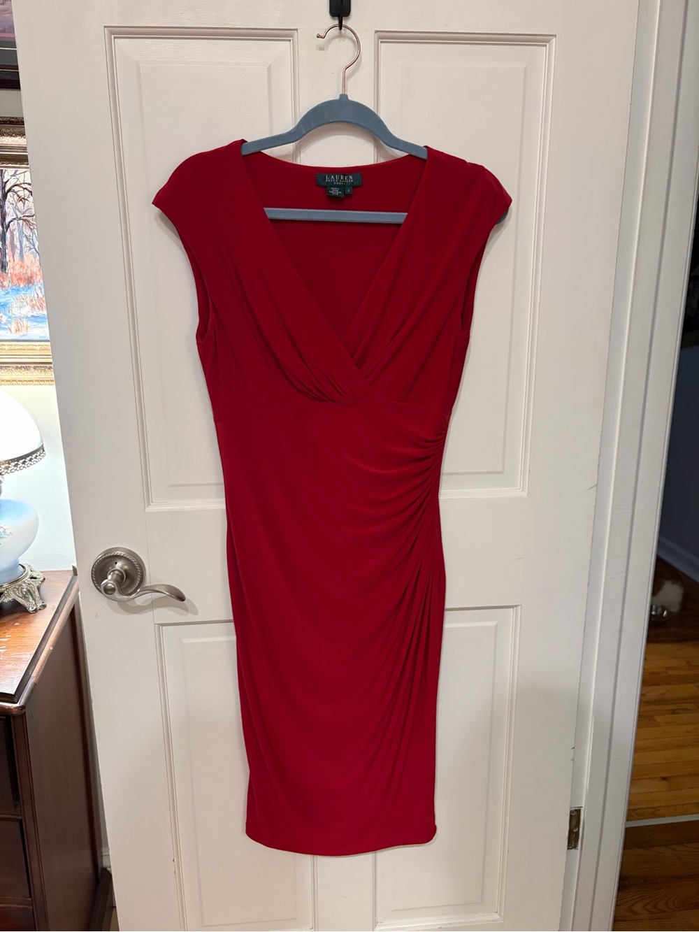 Lauren Ralph Lauren Red Cap-Sleeve Wrap Style Ruched Dress